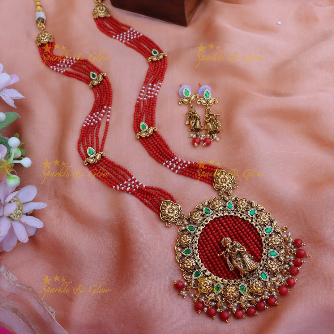 Elegant Radha krishna pendant red beads long necklace - Red - Sparkle and Glow - 