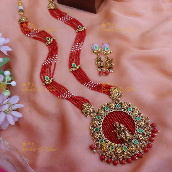 Elegant Radha krishna pendant red beads long necklace - Green