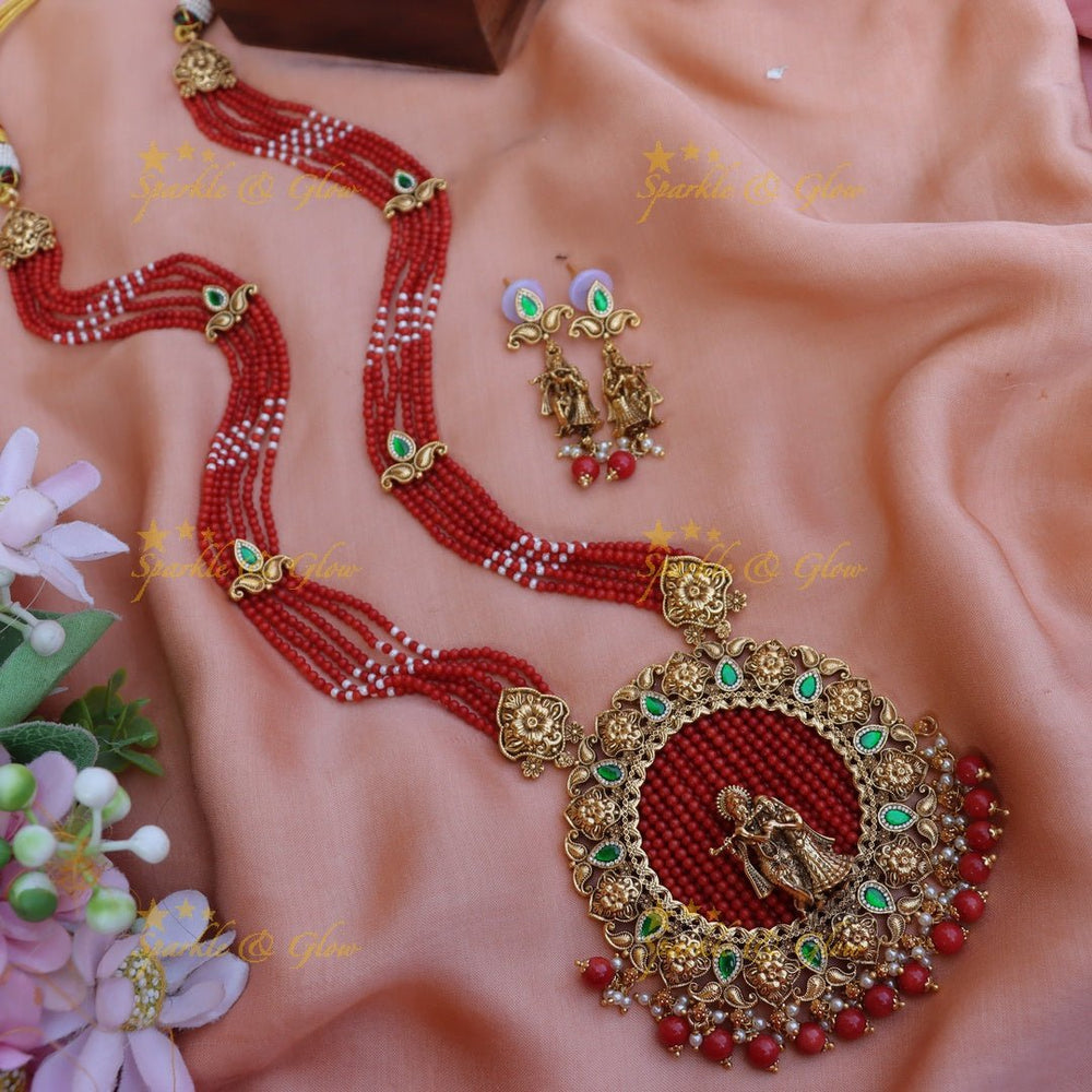 Elegant Radha krishna pendant red beads long necklace - Red - Sparkle and Glow - 