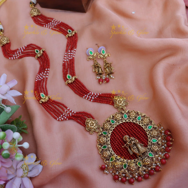 Elegant Radha krishna pendant red beads long necklace - Red - Sparkle and Glow - 