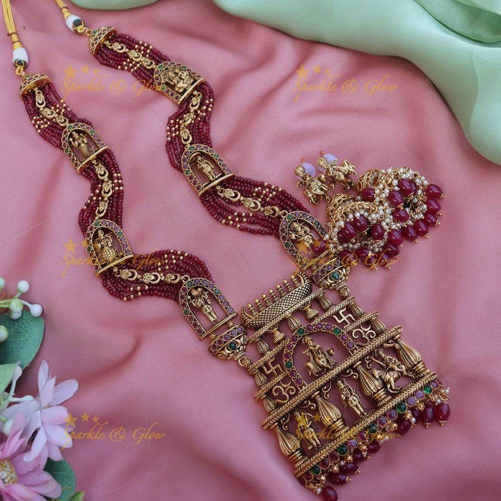 Grand Krishna Temple design pendant with multi layered red beads long necklace - Sparkle and Glow - Back Thread - 