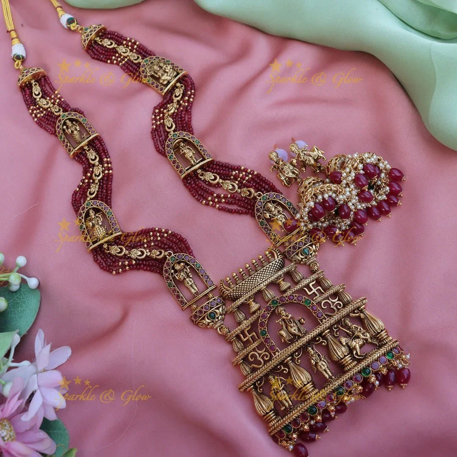 Grand Krishna Temple design pendant with multi layered red beads long necklace - Sparkle and Glow