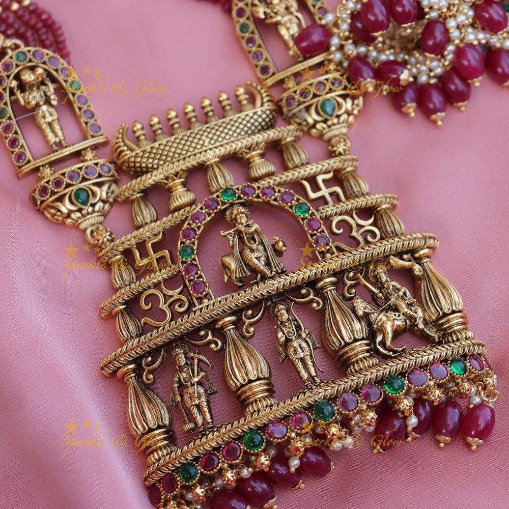 Grand Krishna Temple design pendant with multi layered red beads long necklace - Sparkle and Glow