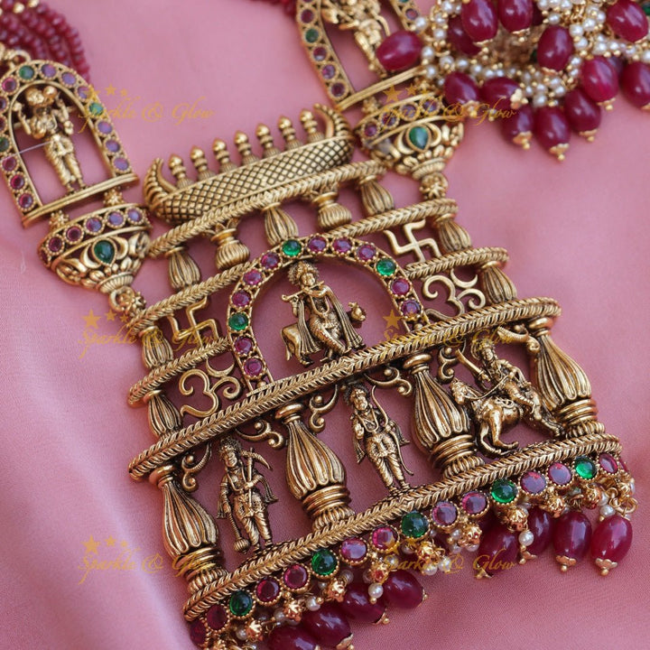 Grand Krishna Temple design pendant with multi layered red beads long necklace - Sparkle and Glow - Back Thread - 