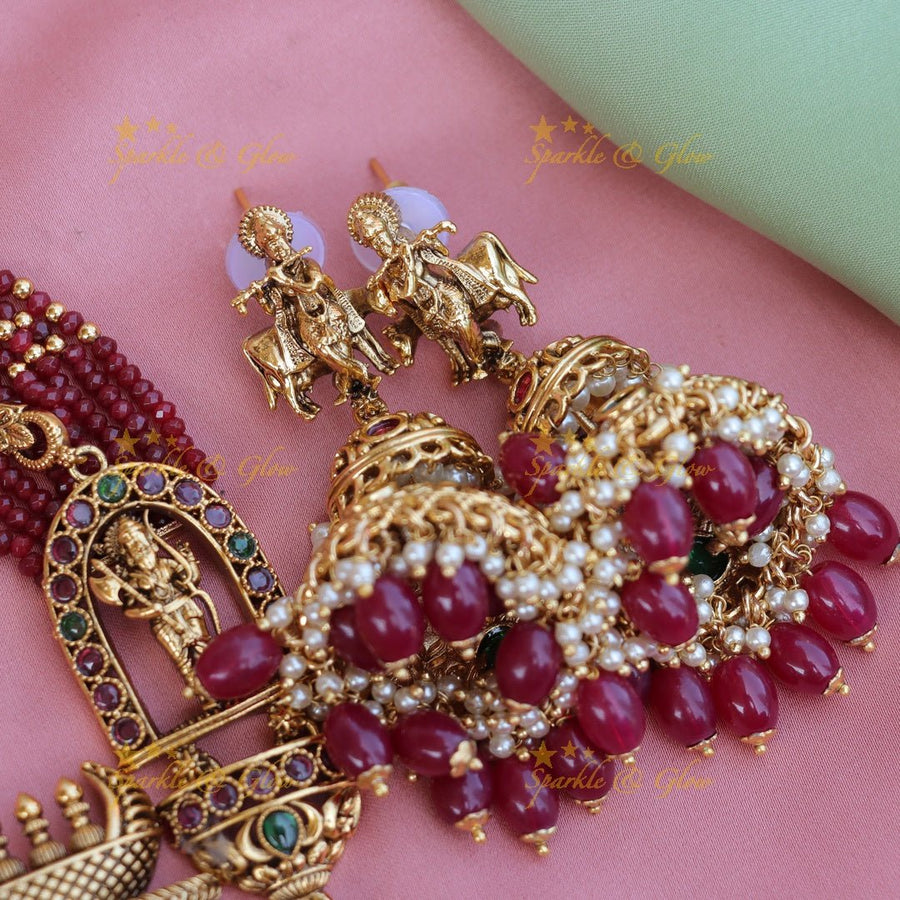 Grand Krishna Temple design pendant with multi layered red beads long necklace - Sparkle and Glow - Back Thread - 