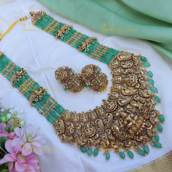 Stunning peacock design green beads and kemp stone long necklace - Dark Green