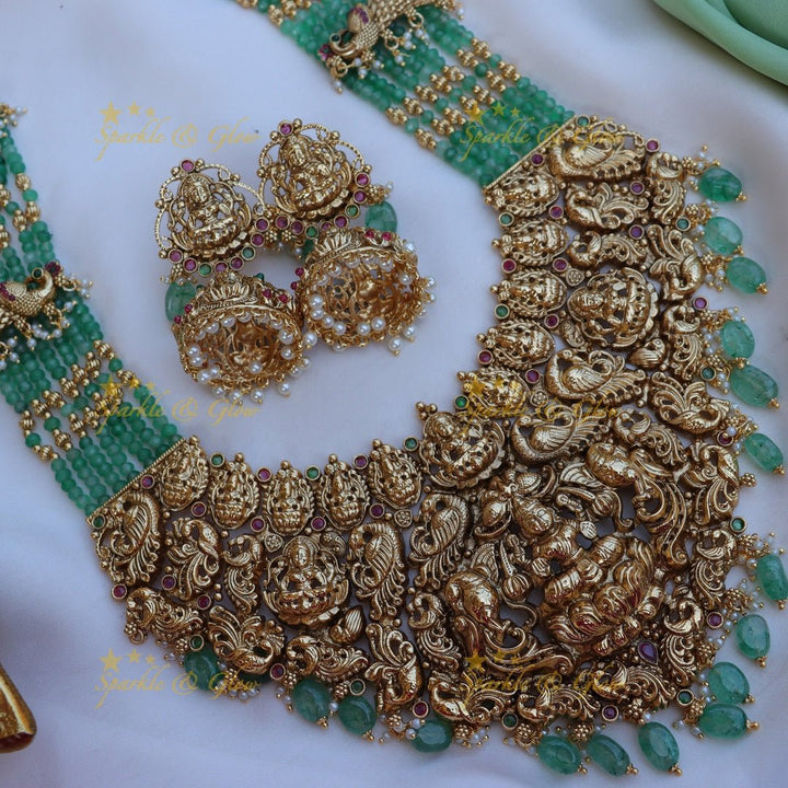 Stunning peacock design green beads and kemp stone long necklace - Mint Green - Sparkle and Glow - 
