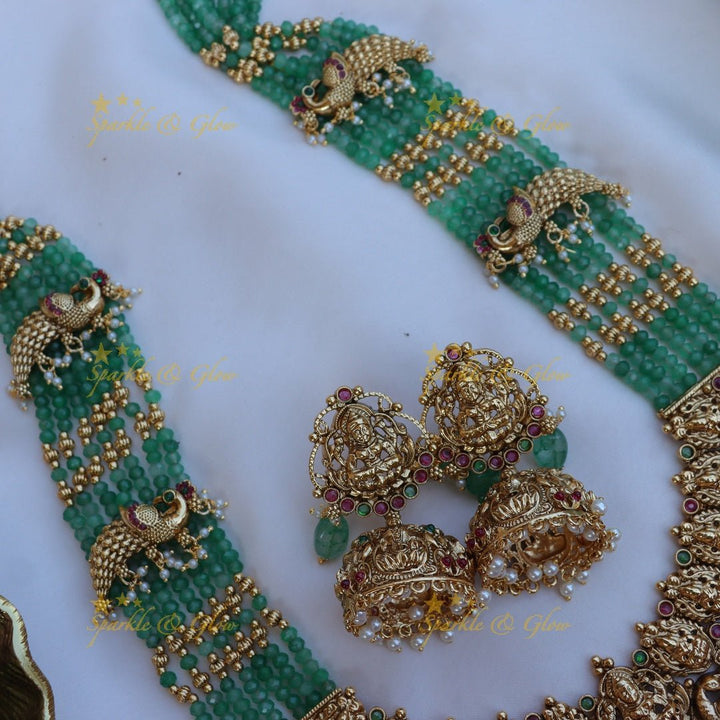 Stunning peacock design green beads and kemp stone long necklace - Mint Green - Sparkle and Glow - 