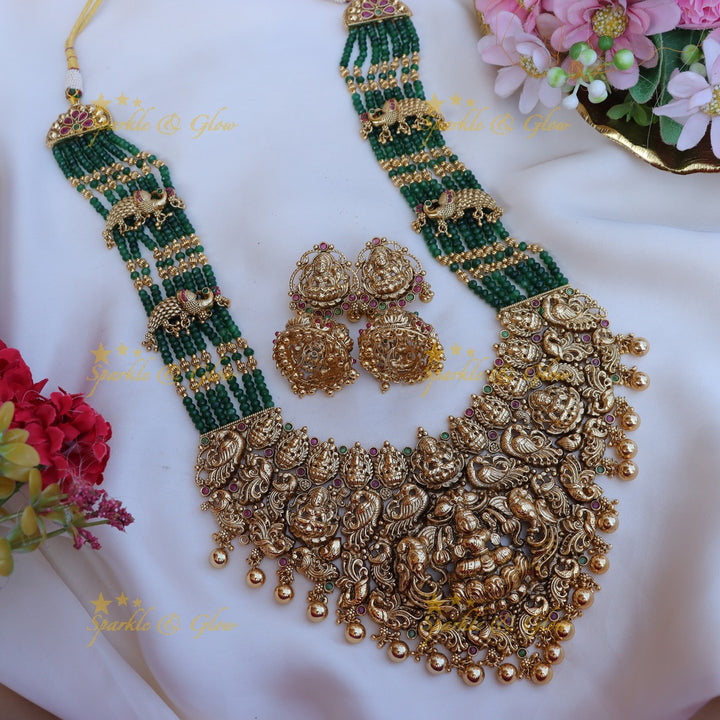 Stunning peacock design green beads and kemp stone long necklace - Dark Green