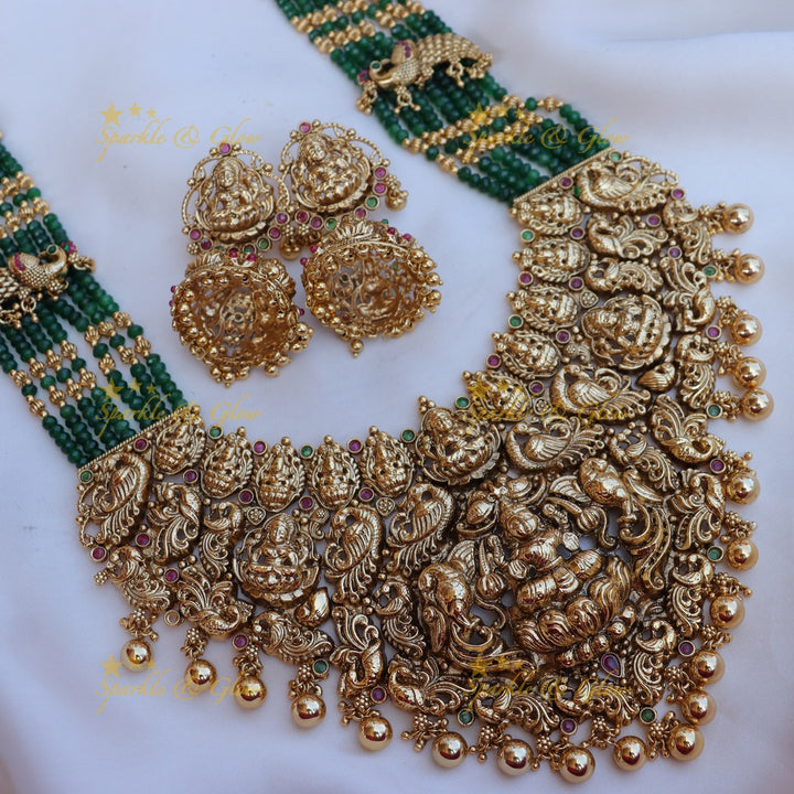 Stunning peacock design green beads and kemp stone long necklace - Dark Green