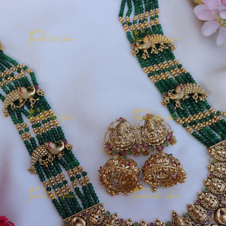 Stunning peacock design green beads and kemp stone long necklace - Dark Green