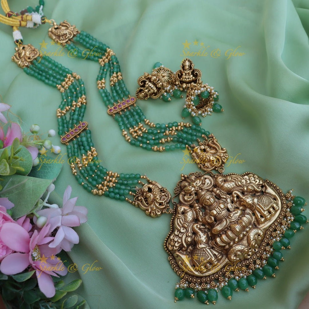Beautiful Lakshmi and elephant design Green beads long necklace - Sparkle and Glow - Back Thread - 
