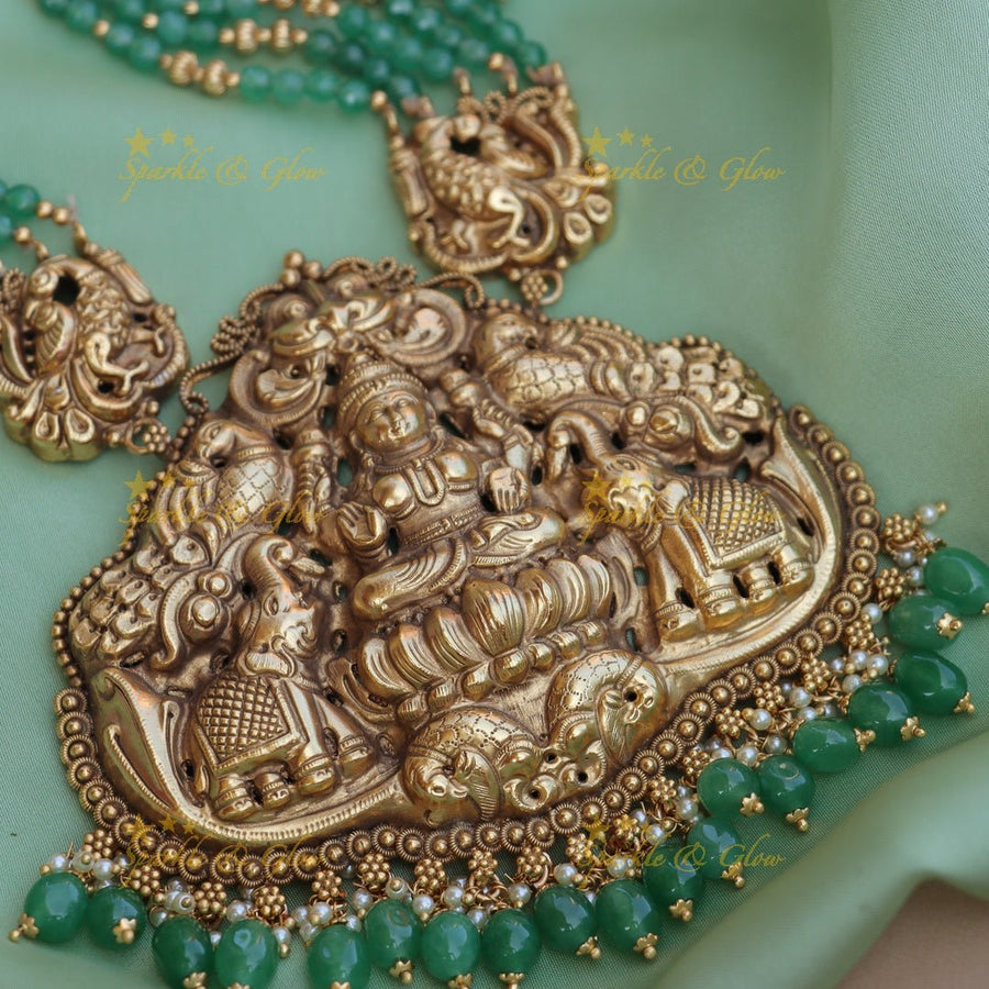 Beautiful Lakshmi and elephant design Green beads long necklace - Sparkle and Glow - Back Thread - 