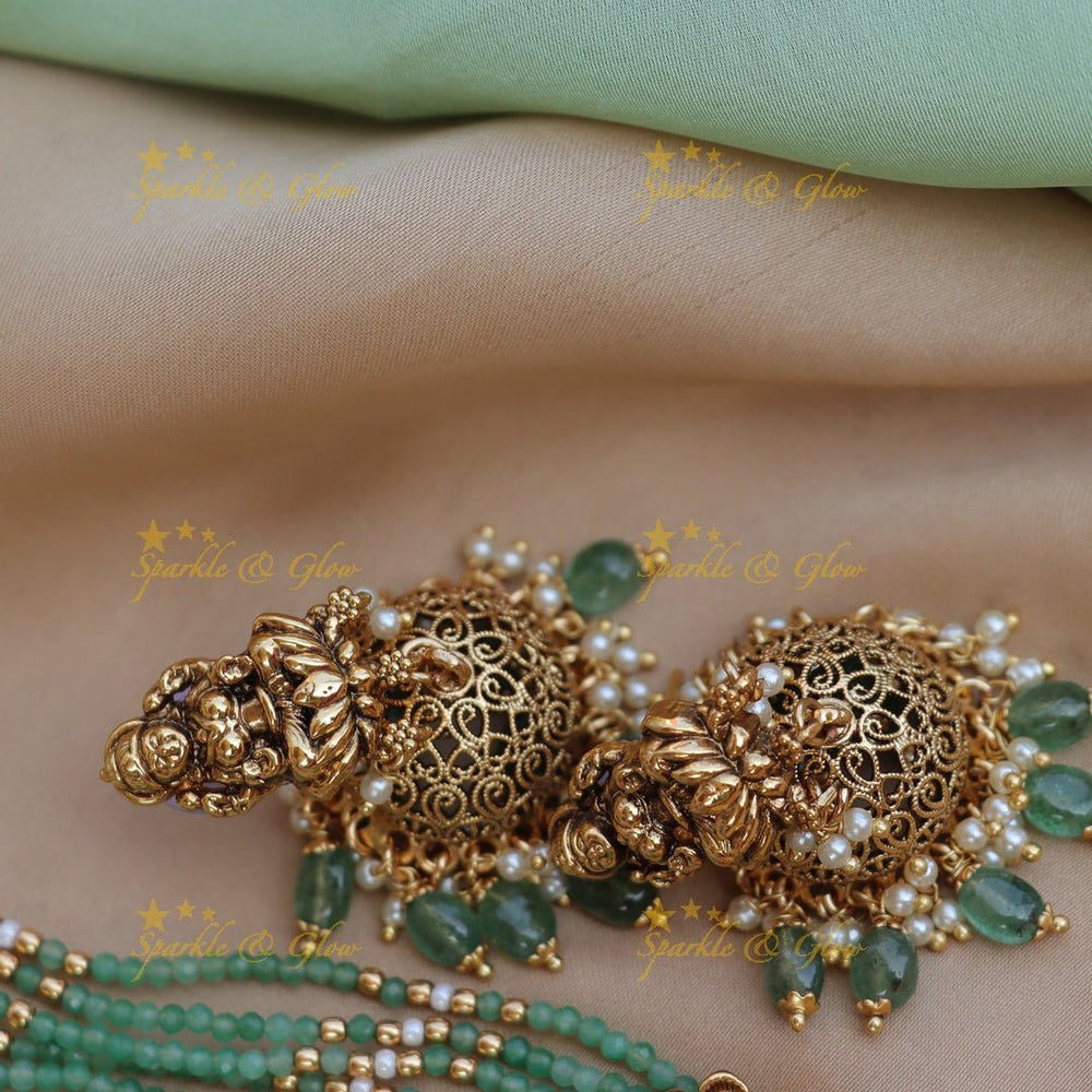 Pretty lakshmi and peacock design Mint green beads long necklace - Sparkle and Glow - Back Thread - 