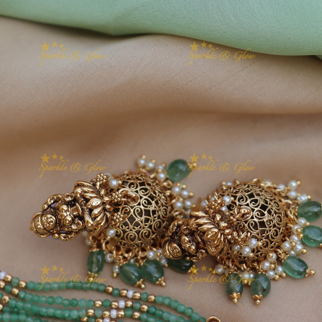 Pretty lakshmi and peacock design Mint green beads long necklace - Sparkle and Glow - Back Thread - 
