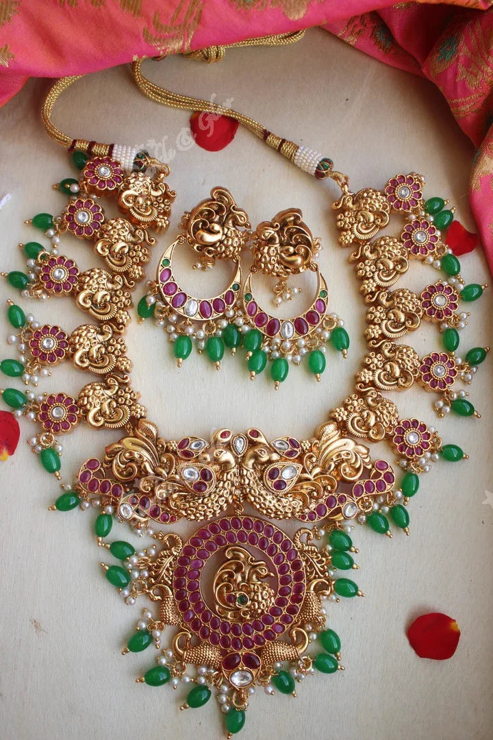 Exquisite peacock style gutta pusalu necklace made with kemp stones - Gold beads - Sparkle and Glow