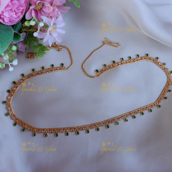 Stunning CZ stone thin hip chain - Pearl - Sparkle and Glow - Green - 