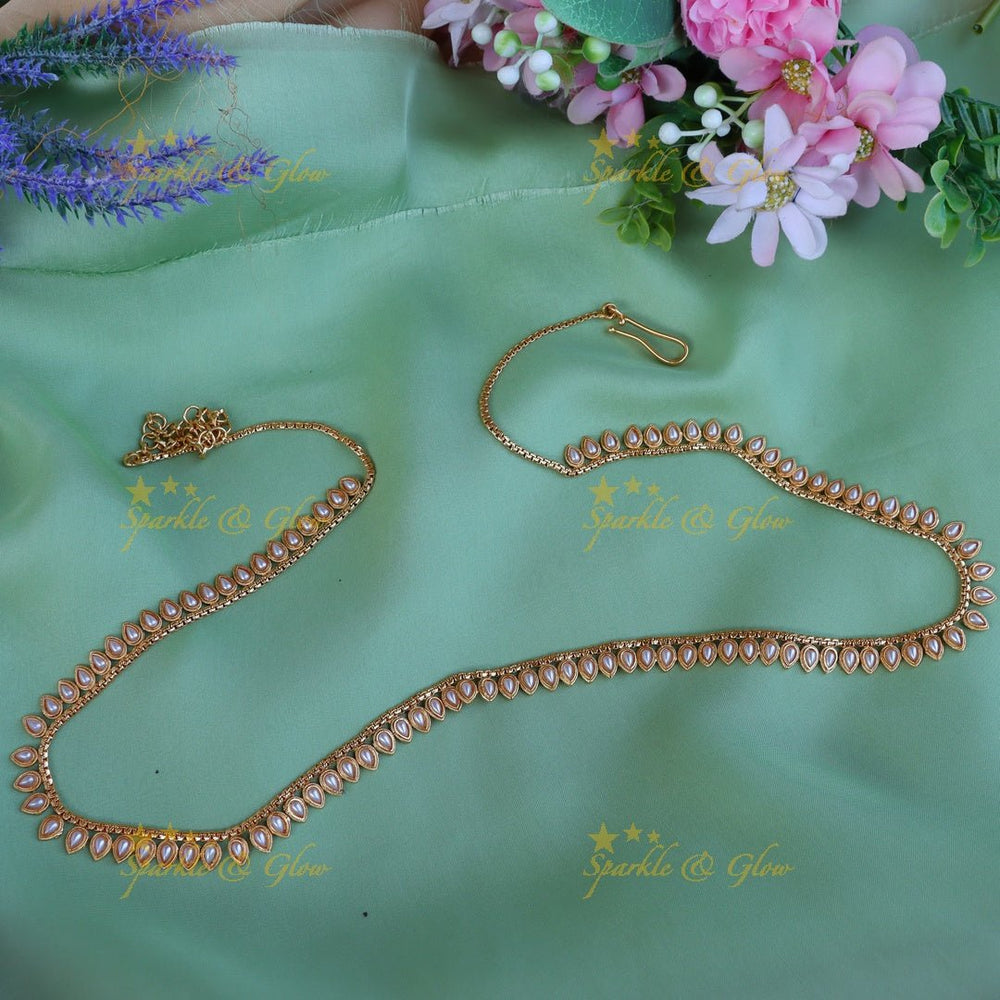 Elegant leaf design CZ stones thin hip chain - Pearl - Sparkle and Glow - Pearl - 