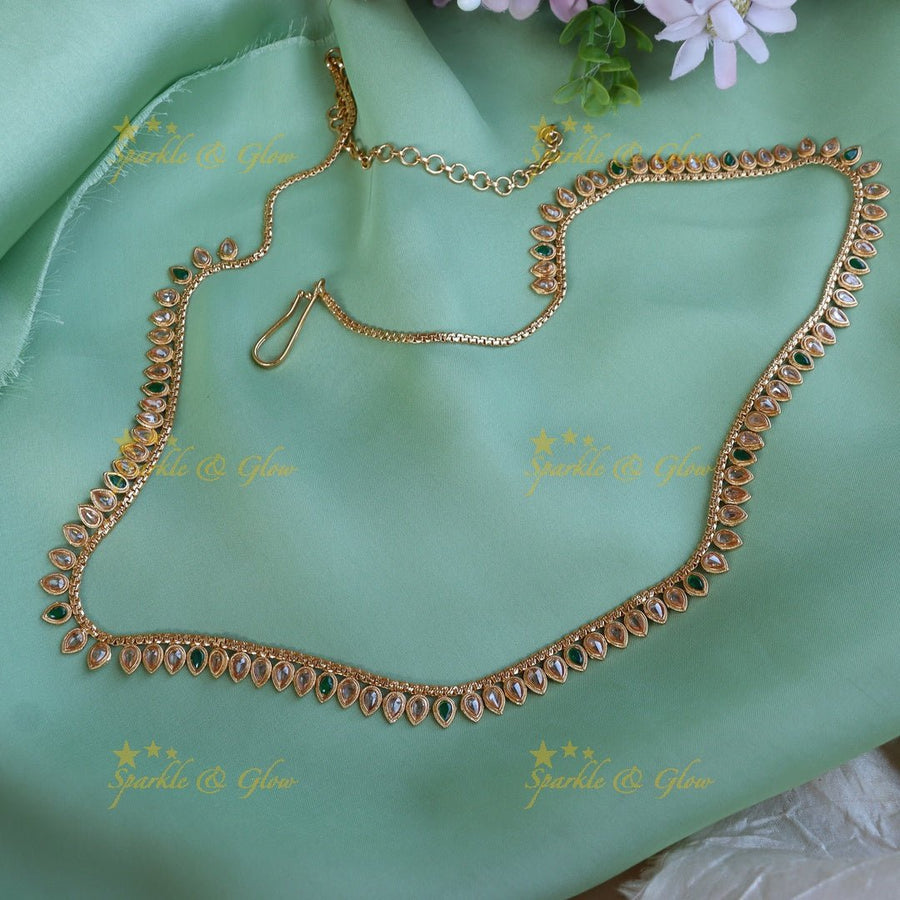 Elegant leaf design CZ stones thin hip chain - Pearl - Sparkle and Glow - Green - White - 