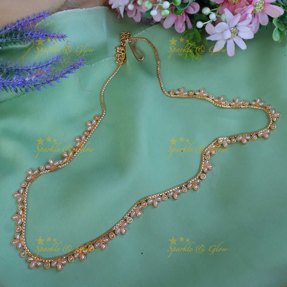 Beautiful leaf design CZ stone thin hip chain - Pearl - Sparkle and Glow - Pearl - 