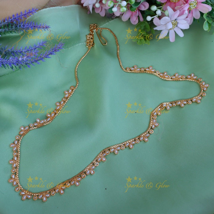 Beautiful leaf design CZ stone thin hip chain - Pearl - Sparkle and Glow - Pearl - 