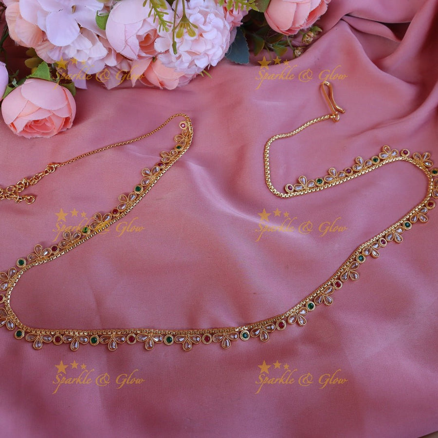 Beautiful leaf design CZ stone thin hip chain - Pearl - Sparkle and Glow - Multi - 