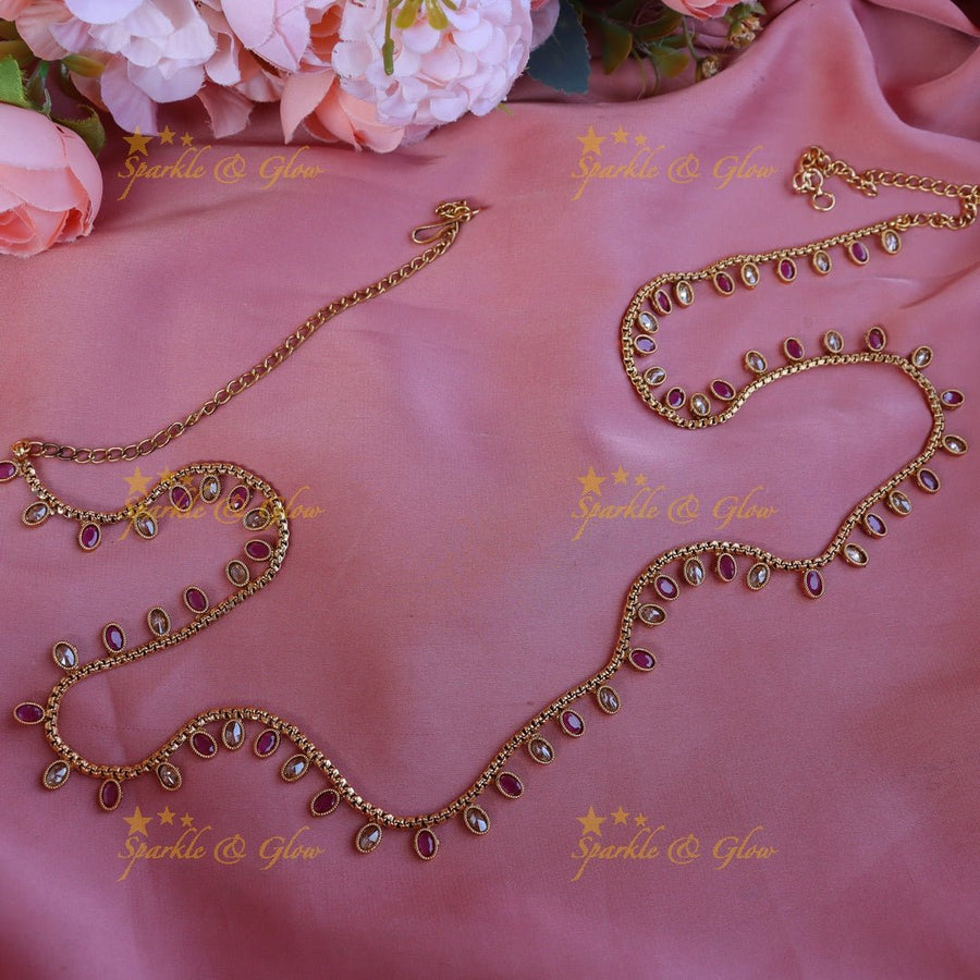 Stunning oval shape CZ stone thin hip chain - Green - Sparkle and Glow - Pink - 