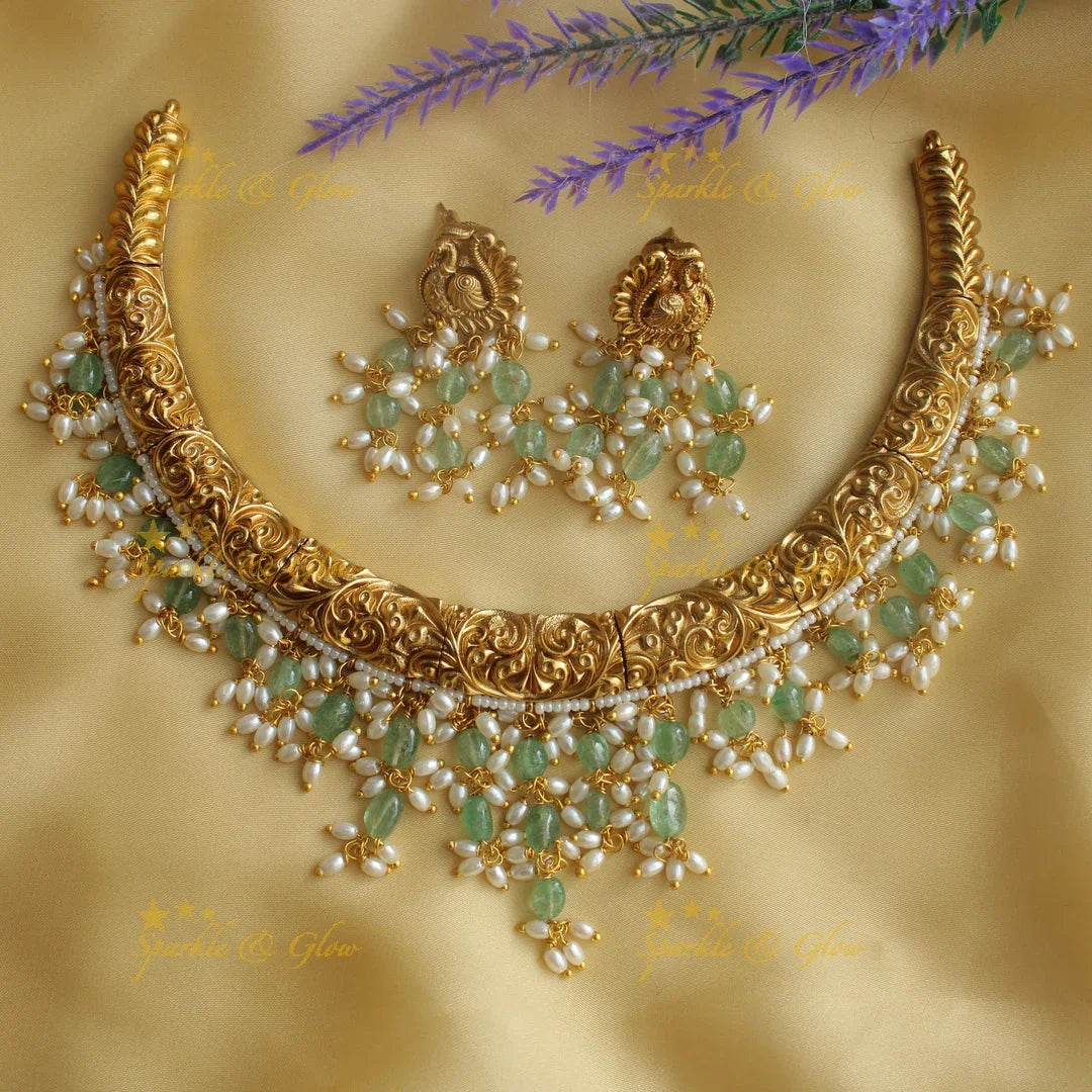 Beautiful Pearl and mint green beads hasli short necklace - - Sparkle and Glow