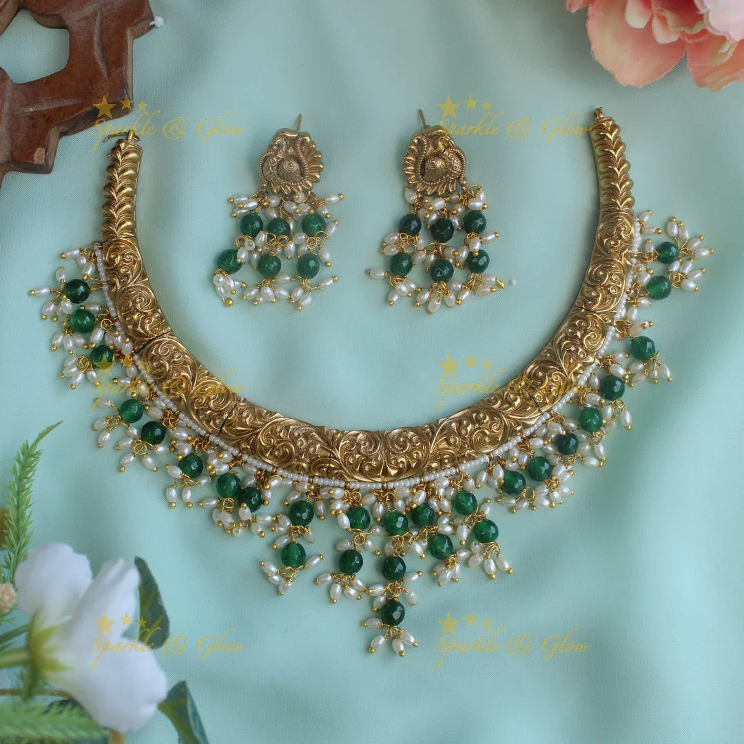 Beautiful Pearl and mint green beads hasli short necklace - - Sparkle and Glow