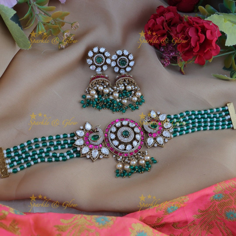 Beautiful peacock design mossanoait stone victorian polish choker - Sparkle and Glow - Back Thread - 