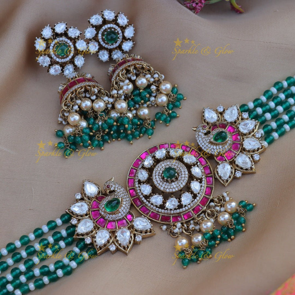 Beautiful peacock design mossanoait stone victorian polish choker - Sparkle and Glow - Back Thread - 