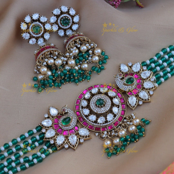 Beautiful peacock design mossanoait stone victorian polish choker - Sparkle and Glow - Back Thread - 