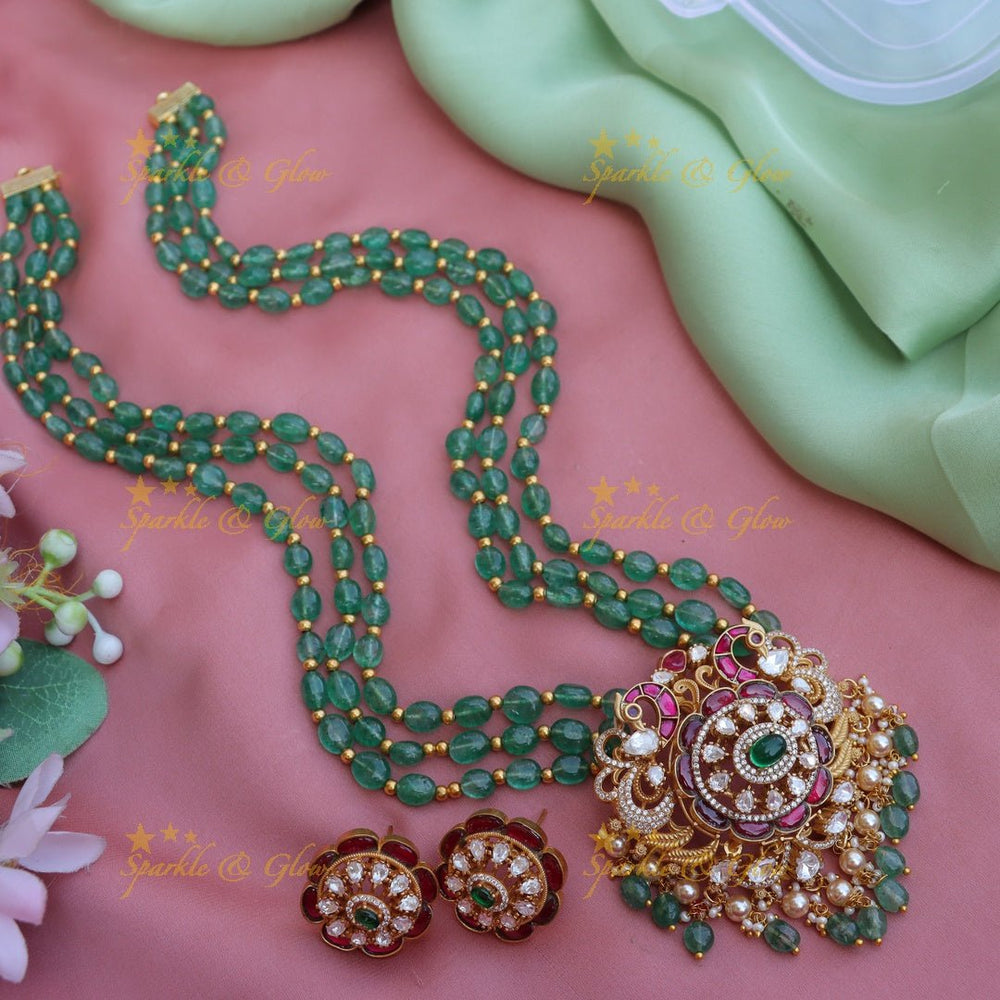 Stunning CZ stone peacock design and green beads long necklace - Sparkle and Glow - Back Thread - 