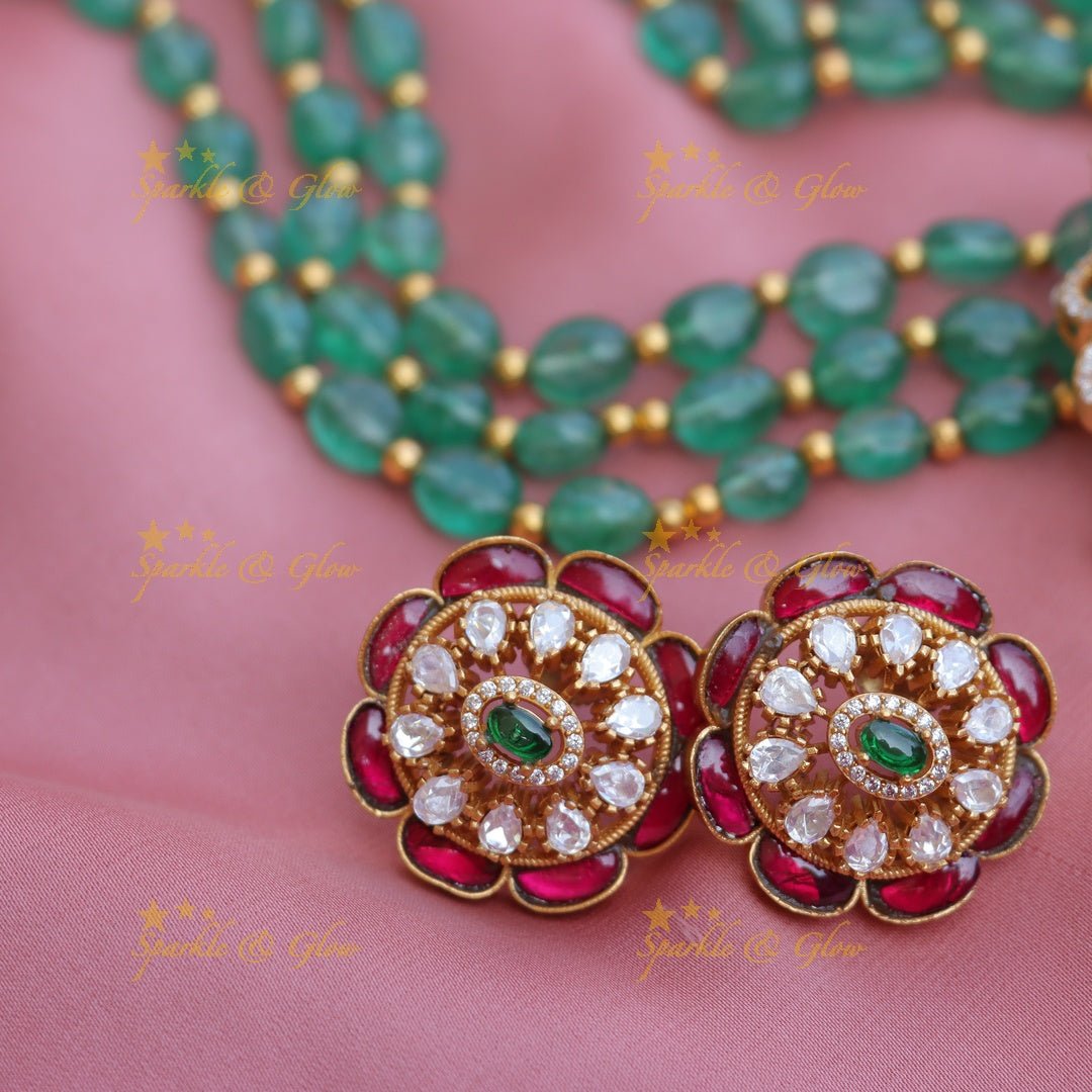 Stunning CZ stone peacock design and green beads long necklace - Sparkle and Glow - Back Thread - 
