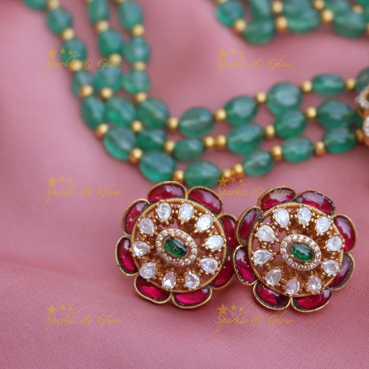 Stunning CZ stone peacock design and green beads long necklace - Sparkle and Glow - Back Thread - 