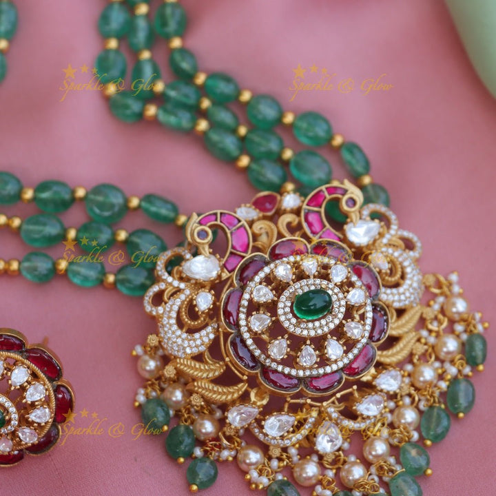 Stunning CZ stone peacock design and green beads long necklace - Sparkle and Glow - Back Thread - 