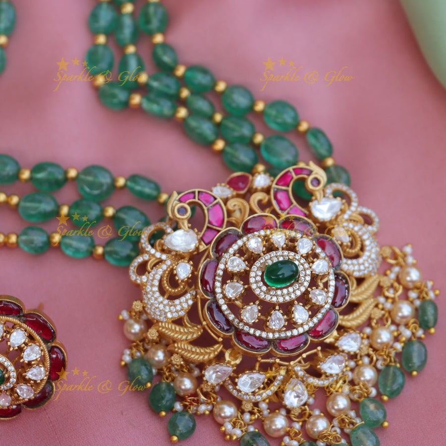Stunning CZ stone peacock design and green beads long necklace - Sparkle and Glow - Back Thread - 