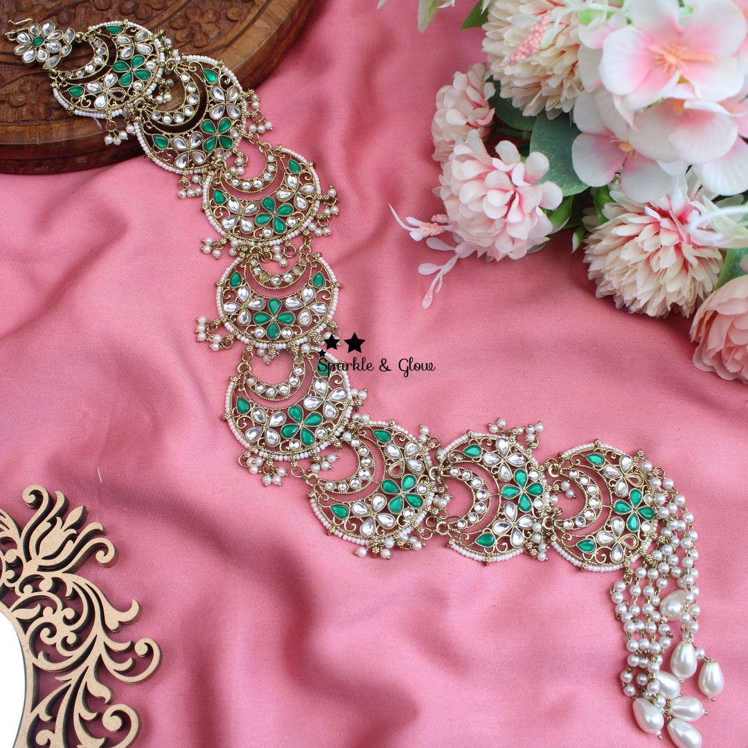 Kundan & Green Enamel Jadabilla – Crescent Motif with Pearls - Sparkle and Glow