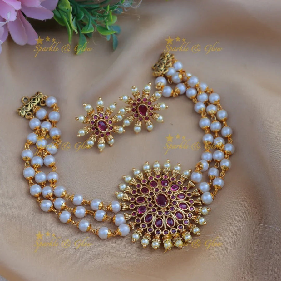 Stunning floral design pendant with pearl choker - Sparkle and Glow