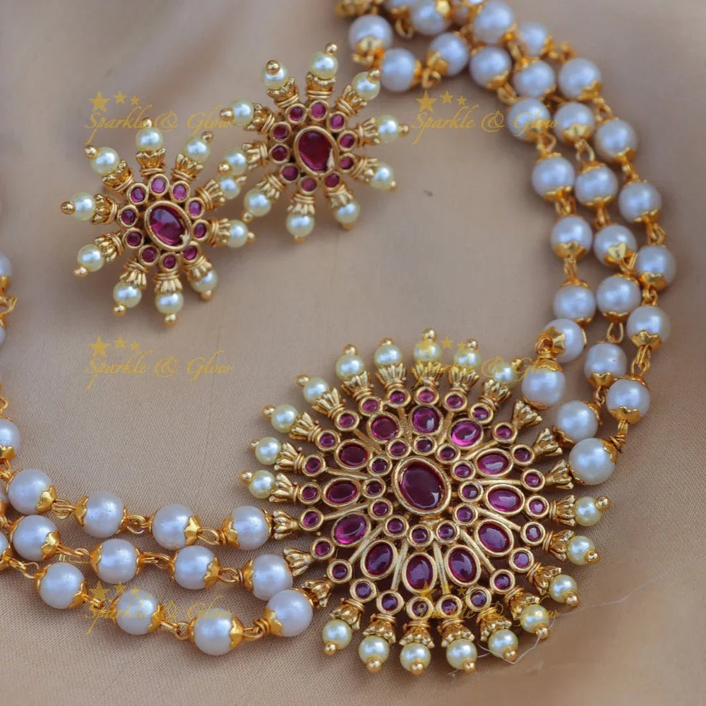 Stunning floral design pendant with pearl choker - Sparkle and Glow