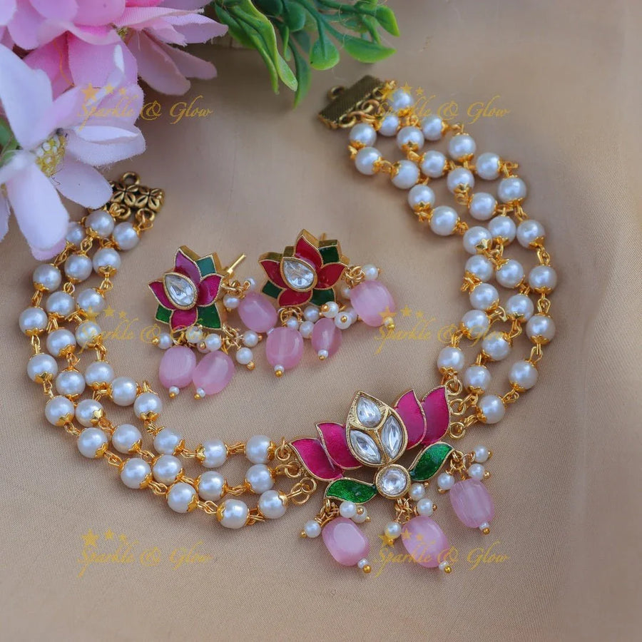 Elegant lotus design pendant with pearl choker - Sparkle and Glow