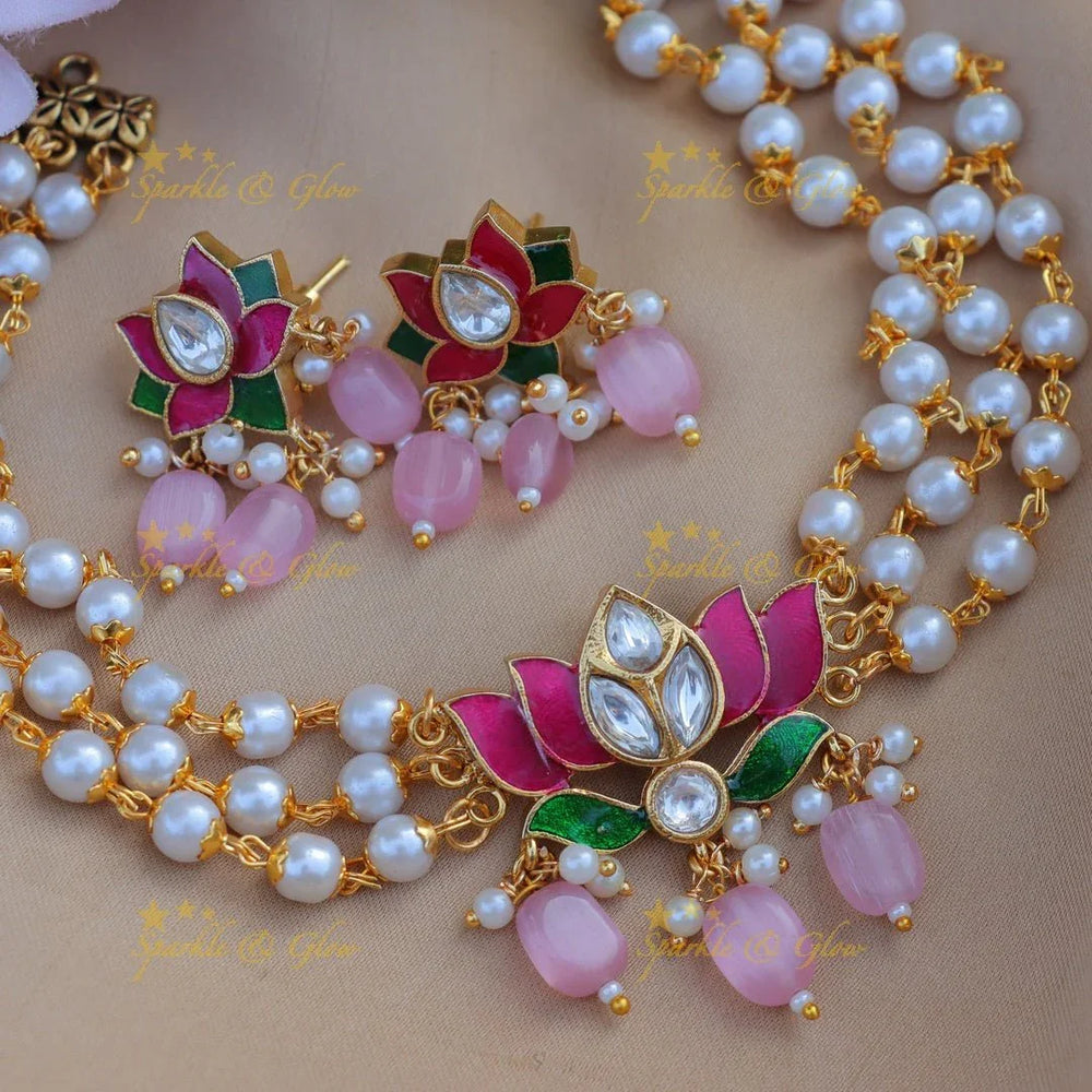 Elegant lotus design pendant with pearl choker - Sparkle and Glow