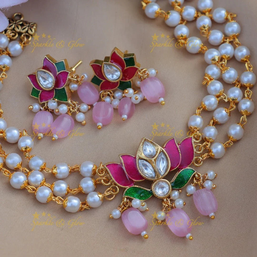 Elegant lotus design pendant with pearl choker - Sparkle and Glow