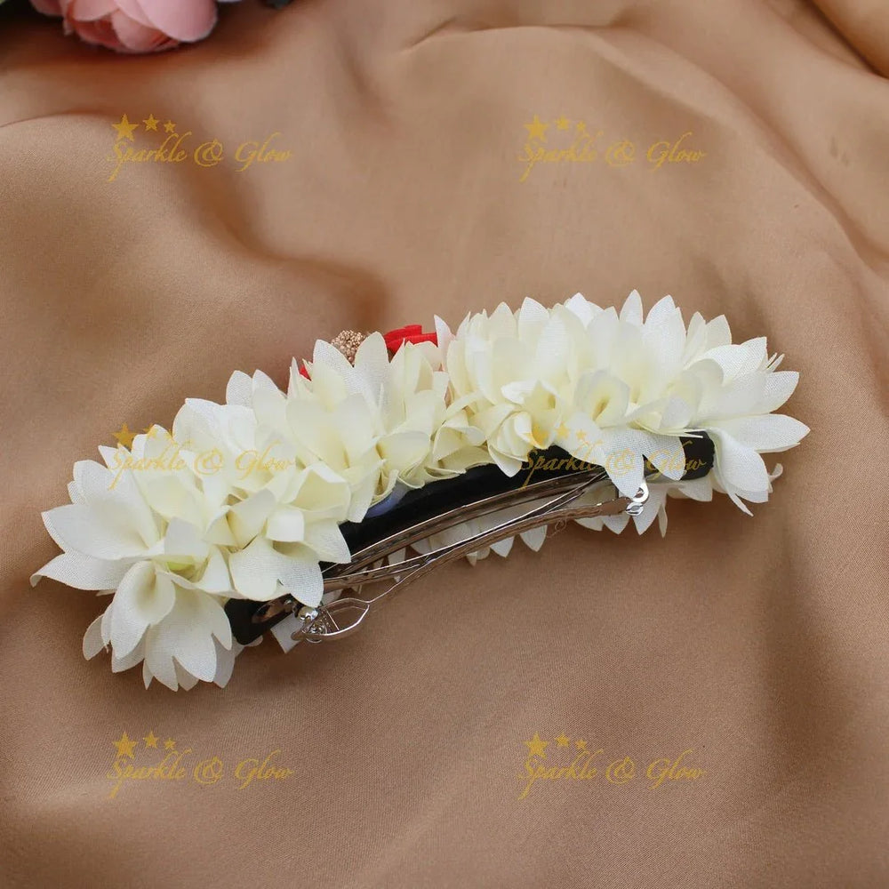 Elegant Ribban Floral design wide Hairclip with rose and glitter - Sparkle and Glow