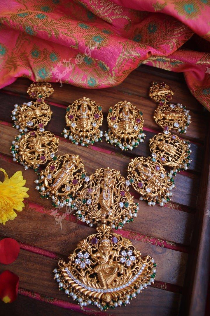 Gold alike polished Dashavathara neckalce set with green beads - Sparkle and Glow