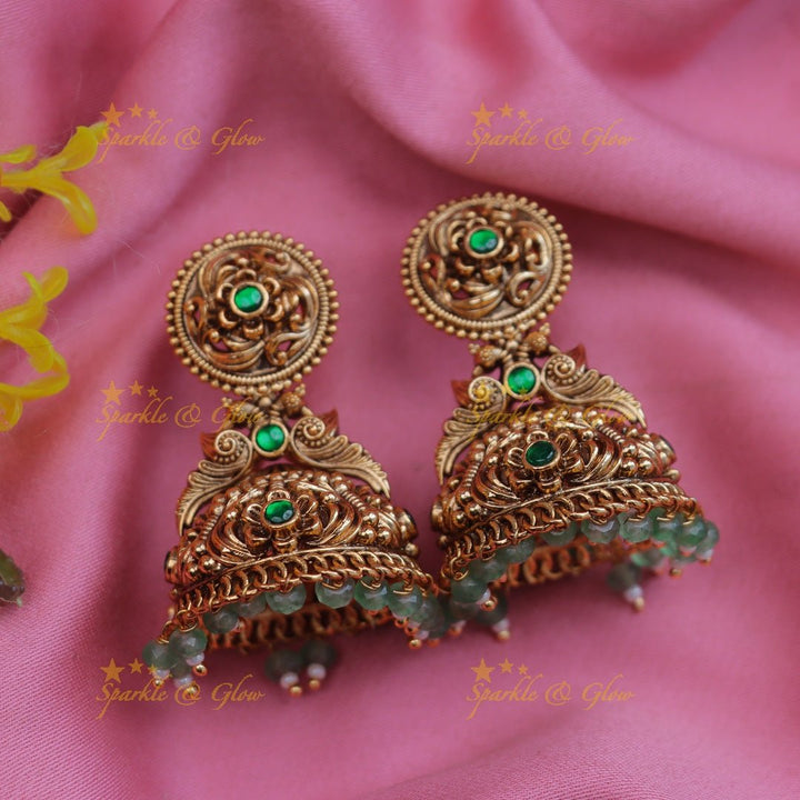 Pretty floral and peacock design jadau gold jumka with mint green beads - Pink - Sparkle and Glow - Green - 