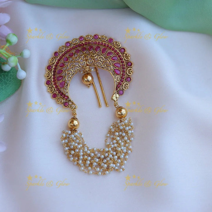 Elegant half moon shaped kemp stone and pearl Gold cluster Hair pin - Sparkle and Glow