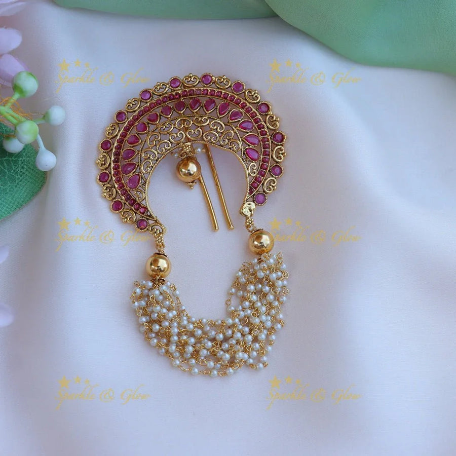 Elegant half moon shaped kemp stone and pearl Gold cluster Hair pin - Sparkle and Glow