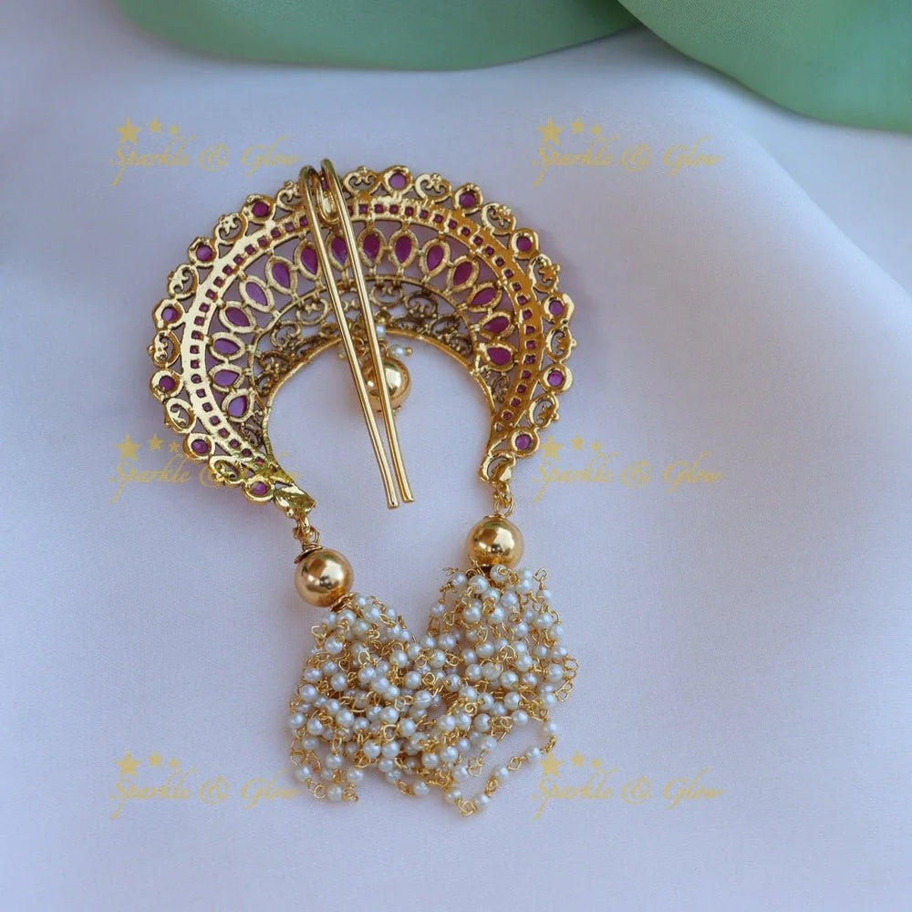 Elegant half moon shaped kemp stone and pearl Gold cluster Hair pin - Sparkle and Glow