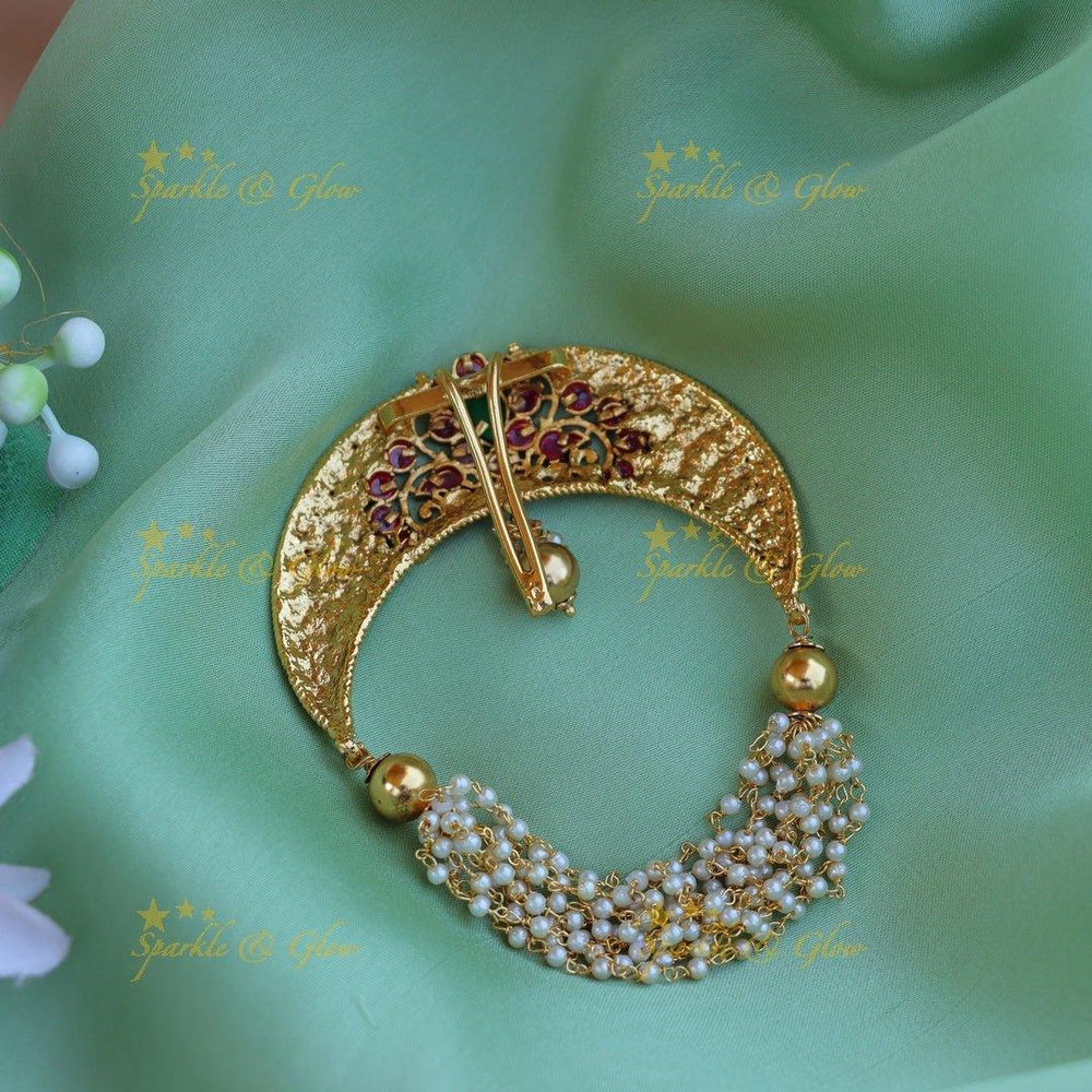 Beautiful half moon shaped pink and green stone hair pin - Sparkle and Glow